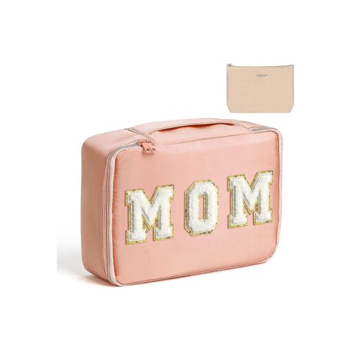 Best Mother Patch MOM Makeup Bag Large Capacity Travel Toiletry Bag with Brush Bags Cosmetic Bag Makeup Case Multifunction Organizer Make Up Bag Mother 's Day Gifts for Women, Pink