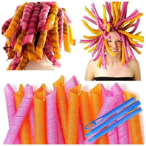 50 Pcs Heatless Spiral Hair Curlers 22inch Magic No Heat Hair Curls For Long Hair 6Pcs Styling Hooks DIY Hair Rollers Set ( pink-orange )