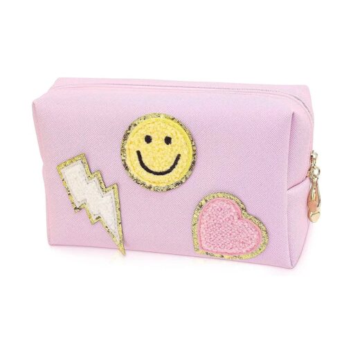 Preppy Makeup Bag Pu Leather Portable Waterproof Cosmetic Bag Travel Makeup Bag Organizer Travel Accessories Makeup Bag for Women Pink