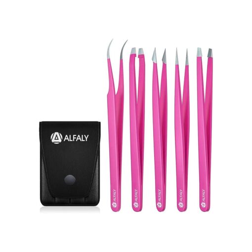 Tweezers Set - Professional Stainless Steel 5-Piece Precision Tweezer for Men & Women - Great for Facial Hair Removal, Eyebrow Shaping, Splinters & Ingrown ( Pink )