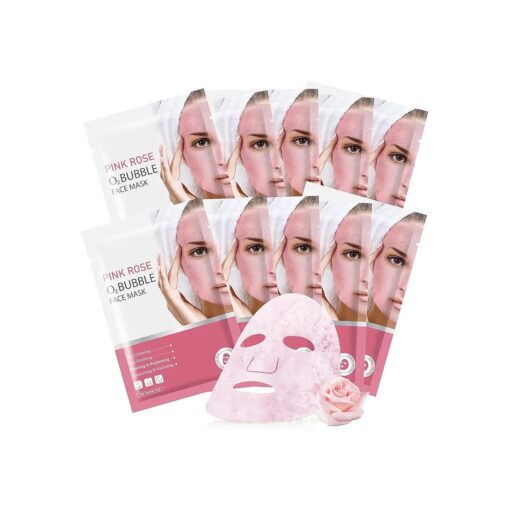 Pink Rose O2 Bubble Face Mask Skincare, Deep Cleansing Sheet Masks for Face, Rose Facial Mask, Hydrating Facial Sheet Mask for Women Skin Care, Purifying & Moisturizing & Brightening, 10 Pack