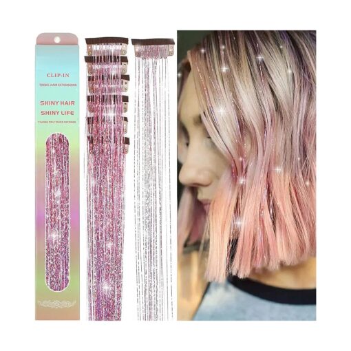 Hair Tinsel Clip In 23.6inch Fairy Hair Clip in Hair Tinsel Glitter Hair Extensions Pink Hair Tinsel Clips in Hair Extensions Sparkly Hair Accessories for Girls Women 6Pcs Hair Tensile ( Pink )