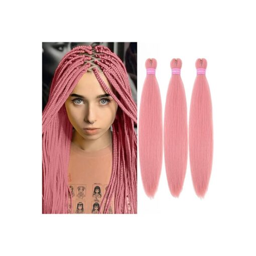 Pink Braiding Hair 26 Inches 3 Packs Pre Stretched Braiding Hair High Temperature Synthetic Hair Braids Yaki Texture Hair Extensions for Braiding for Women ( 26INCH, Pink )