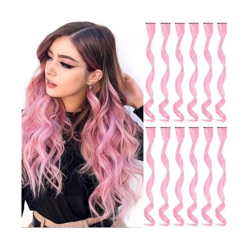 12 PCS Pink Hair Extensions Clip in, Curly Wavy Colored Extension for Kids Girls - Party Highlights Synthetic Hairpiece 17 inch