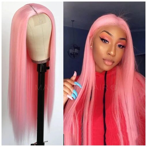 Maycaur Pink Synthetic Hair Glueless Wigs with Natural Hairline Long Straight Women 's Wig Heat Resistant Synthetic Lace Front Wigs for Fashion Women