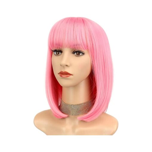 Light Pink Bob Wig with Bangs Short Cute Pink Straight Bob Wigs for Women Shoulder Length Colorful Halloween Bob Wig for Girls