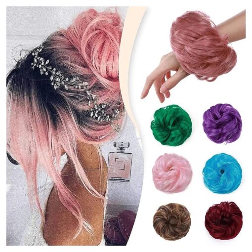 Updo Hair Bun Synthetic Hair Extensions Messy Wavy Chignon Bride Donut Scrunchy Hairpieces 1 Piece for Costume Ball T2312 Pink-Thicker