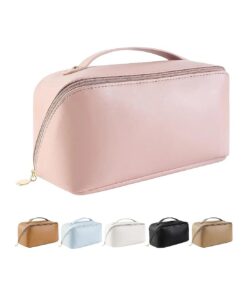 Baonmy Large Capacity Travel Cosmetic Bag - Makeup Bag, Portable Waterproof PU Leather Make Up Bag, Travel Makeup Bag Flat Lay Cosmetic Bag Makeup Organizer Bag with Handle and Divider ( Pink )