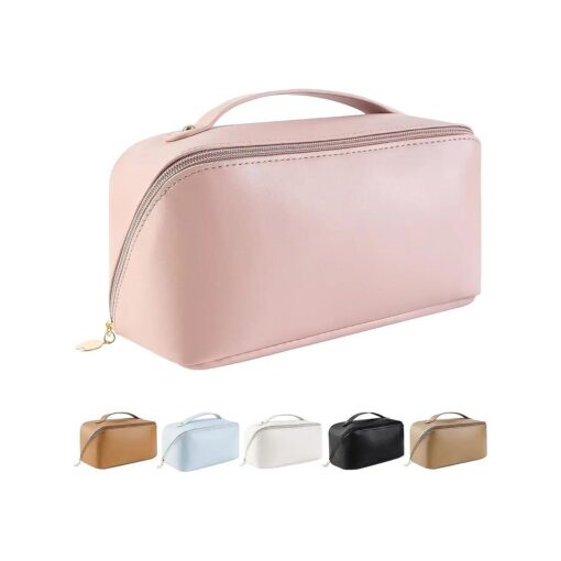 Baonmy Large Capacity Travel Cosmetic Bag - Makeup Bag, Portable Waterproof PU Leather Make Up Bag, Travel Makeup Bag Flat Lay Cosmetic Bag Makeup Organizer Bag with Handle and Divider ( Pink )