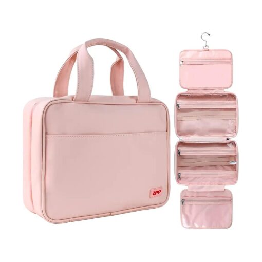 ZPP Travel Toiletry Bag, Waterproof Makeup Travel Bag, Portable Makeup Bag, Travel Toiletry Bag with Hooks, Accessory Organizer, Shampoo, Full Size Container-Gift for Women, Pink