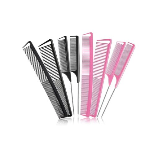 8 Pieces Rat Tail Combs for Women Fine Tooth Comb Parting Carbon Fiber Teasing Styling Combs and Cutting Comb Fiber Pintail Hairdressing Comb for Braids Salon Home Supplies, Black and Pink