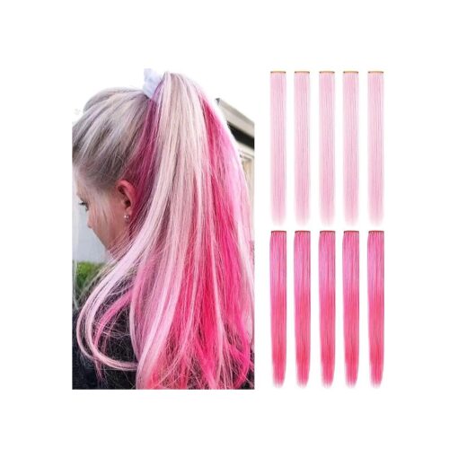 10PCS 21" Light Pink & Pink Hair Accessories Clip In/On Multicoloured Party Highlights Straight Coloured Extensions for Girls and Teens Costumes Wig Pieces for Women Colourful Hairpieces