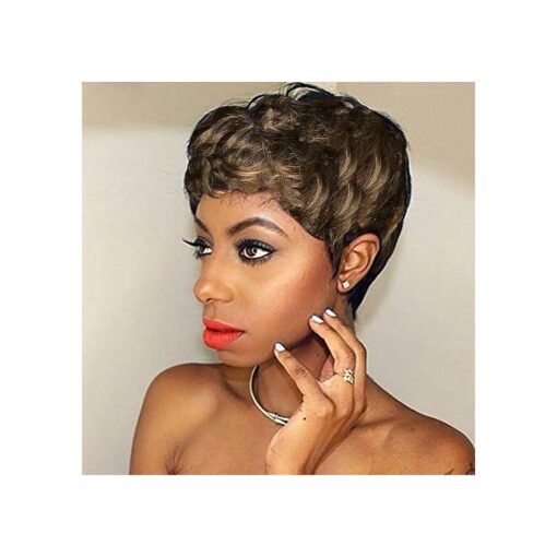 Pixie Cut Wig Human Hair Natural Wavy Short Wigs Human Hair with Layered Cut Pixie Wig Short Human Hair Wigs for Black Women Highlight Brown Pixie Wigs F4/27 #