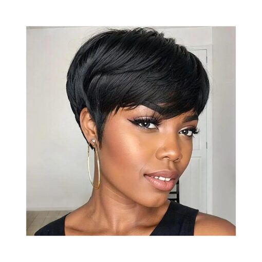 Pixie Cut Wigs Human Hair Short Wigs for Black Women Human Hair Pixie wig with Bangs Short Black Wig Layered Wavy Wigs Cute Daily Wear Wig Color 1B None Lace Front Wigs