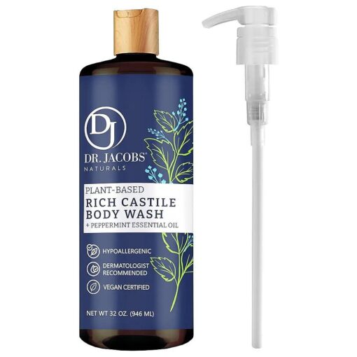 Dr Jacobs Naturals Pure Castile Liquid Soap Gel - ( Peppermint, 32 Oz with Pump ) Made with Premium Organic Oils Vegan, No Palm Oil, GMO Free Concentrated Hypoallergenic and Dermatologist Approved