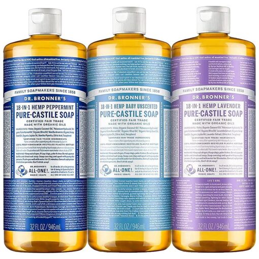 Dr. Bronner 's - Pure-Castile Liquid Soap ( 32 Ounce Variety 3-Pack ) Peppermint, Baby Unscented, Lavender - Made with Organic Oils, 18-in-1 Uses : Face, Body, Hair, Laundry, Concentrated, Vegan