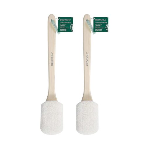 Loofah Bath Brush, Shower Brush with Ergonomic Handle, Cleans Hard to Reach Areas, Plant-Based, Eco-Friendly Bath Sponge, Gently Cleanses & Exfoliates, Vegan & Cruelty-Free, 2 Count