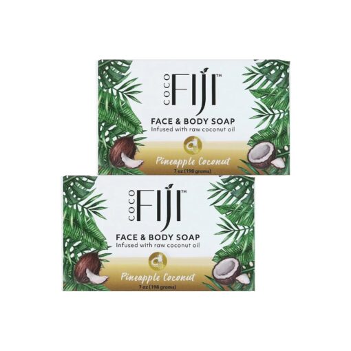 `` Coco Fiji Soap Bar for Face and Body Infused With Organic Coconut Oil, Pineapple Coconut Essential Oil, Natural Soap for Moisturizing & Pore Purifying Skin, 7 oz, Pack Of 2 ``