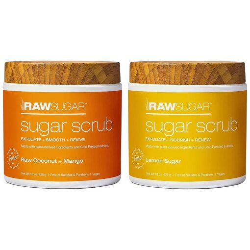 Raw Sugar - Exfoliating Sugar Scrub Body Love Bundle - Raw Coconut + Mango and Lemon Sugar, Clean, Made with Plant-Derived Ingredients, Vegan and Formulated without Sulfates & Parabens ( Pack of 2 )