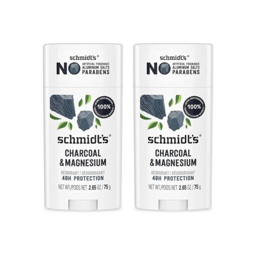 Schmidt 's Aluminum-Free Vegan Deodorant Charcoal & Magnesium with 24 Hour Odor Protection, 2 Count for Women and Men, Natural Ingredients, Cruelty-Free, 2.65 oz