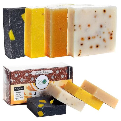 360 Feel Men 's Soap bar Handmade -Masculine fragrance-, Patchouli, Pine Tar with Charcoal Beeswax, Citrus - Gift pack- Natural Men Soap- Gift for him Bay Rum, 4 Count ( Pack of 1 )