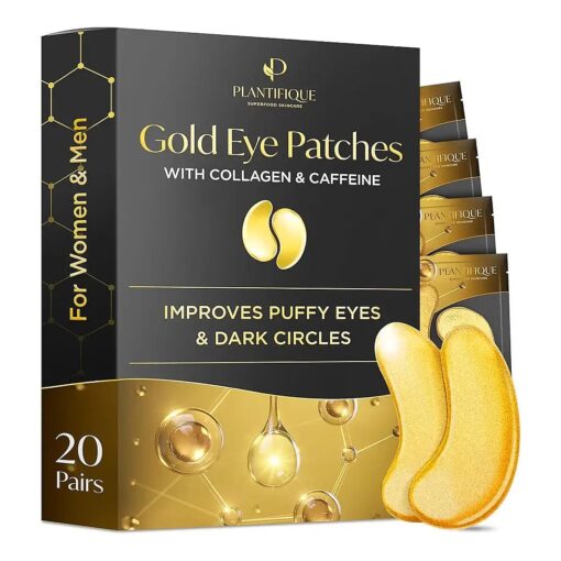 PLANTIFIQUE Gold Under Eye Patches for Puffy Eyes and Dark Circles 20 Pairs Under Eye Masks for Dark Circles and Puffiness Eye Gels with Collagen & Caffeine Eye Patches Gold Eye Mask Skincare