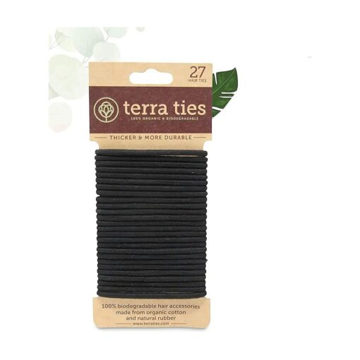 BIODEGRADABLE Elastic Hair Ties for Women & Men - Organic No Crease Black Hair Tie Ponytail Holders and Hairties for Buns - Plastic Free Hairbands for Women and Mens Hair - 5mm ( 27 count )