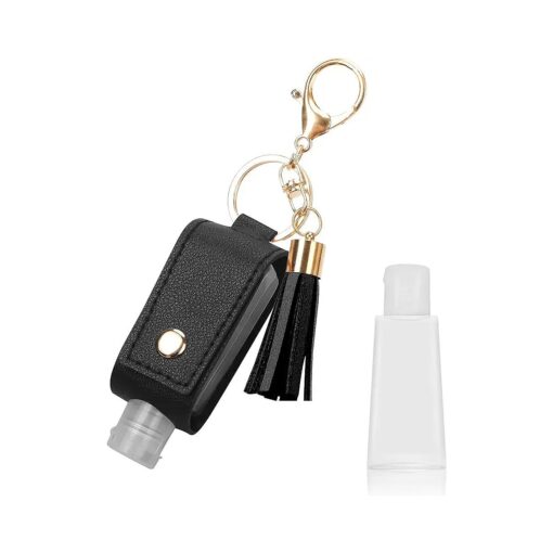 Unaone 1oz/30ml Hand Sanitizer Holder Travel Size, Empty Bottles Leather Sanitizer Holder with Keychain Portable Small Squeeze Bottle Refillable Container for Toiletry Lotion Liquid Soap Shampoo Black