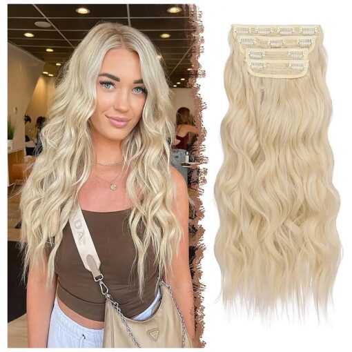 FESHFEN Clip in Hair Extensions 4 PCS Platinum Blonde Thick Highlighted Hairpieces Long Wavy Clip in Hair Piece Full Head Synthetic Hair Extension for Women, 20 Inch