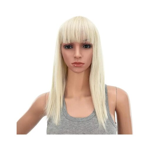 SWACC 14 Inches Short Straight Medium Shoulder Length Wig with Blunt Cut Bangs and Bottom End Synthetic Heat Resistant Hair Wigs for Women with Wig Cap ( Platinum Blonde )