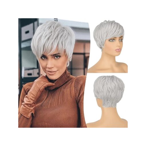 FESHFEN Pixie Cut Wigs Synthetic Platinum Grey Short Pixie Haircut Wig with Bangs Glueless Layered Wavy Granny Gray Wigs for Women Men