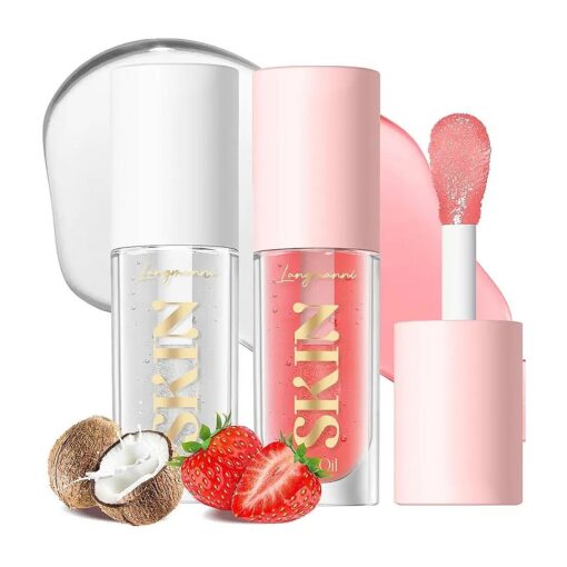 2Pack Non-sticky Lip Oil, Moisturizing Glossy/Shiny Lip Gloss Oil PlumpingTint, Hydrating Lip Gloss Lip Balm, Long Lasting Nourishing Fruit Flavoure Lip Oils ( Strawberry + Coconut )