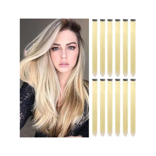 12 PCS Blonde Hair Extensions Clip in, Colored Party Highlights Extension for Kids Girls Synthetic Hairpiece Straight 22 inch