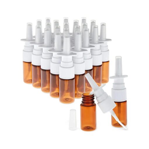 Bright Creations 24-Pack Small Empty Nasal Spray Bottles for Nose - 10ml/0.35 oz Bulk Plastic Refillable Amber Mist Sprayers for Travel