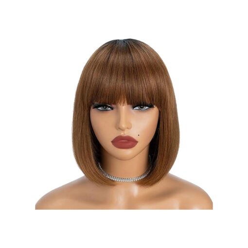 Rebecca Fashion Ombre Brown Short Bob Wig with Bangs Human Hair Wigs for Black Women 10" Light Yaki Straight Brazilian Virgin Hair Glueless Machine Made Wig 150 % Density, TT1B/30