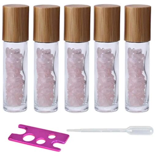 5 Pack 10ml Clear Roll On Bottles With Natural Chakra Crystal Chips for Essential Oils, Perfume Glass Roller Bottles Container Bamboo Lid, Crystal Roller, Pipette & Opener Included ( Rose Quartz )