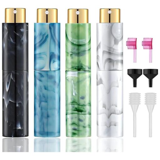 10ML Mini Perfume Atomizer Bottle, Refillable Travel Size Empty Perfume Sprayer with Funnel, Distributor, Dropper, Marble Pattern Portable Spray Bottle for Women & Men ( Black & Green & Blue & White,4 PCS )