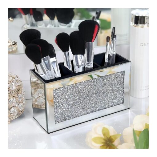 SHYFOY Mirrored Makeup Brush Holder Organizer, 3 Slot Glass Cosmetics Brushes Storage Holders with Crystal Crushed Diamond, Cute Pen and Pencil Holder for Desk, Eyeliners Display Case for Vanity