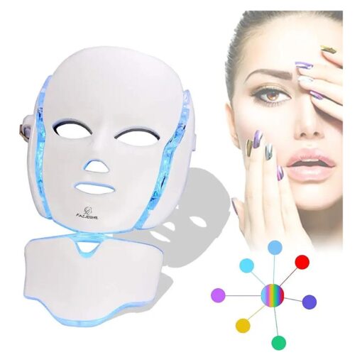 7 Color LED Mask, Facial Mask LED 7 Color Face Skin Care Mask Portable SPA Facial LED Mask with Neck, White