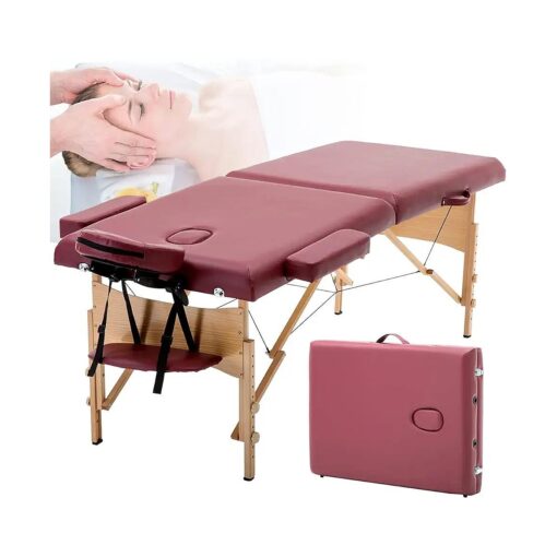 Dkeli Massage Table Portable Foldable 73 Inch Long 28 Inch Wide Spa Bed Professional 2 Fold Massage Bed with Carry Case PU Leather Height Adjustable Facial Tattoo Salon Bed w/Face Cradle, Burgundy