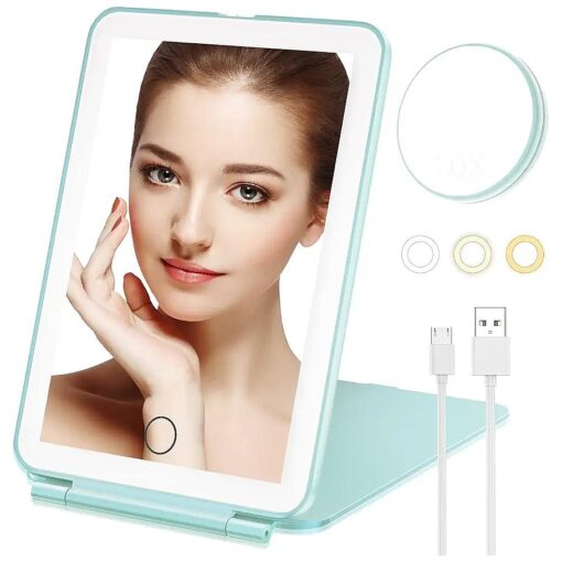 Makeup Mirror with 10X Magnifying Mirror, Vanity Mirror with 80 LED Lights, Compact LED Mirror, Portable Cosmetic Mirror with 3 Color Lights, Travel Accessories for Women ( Light Green )