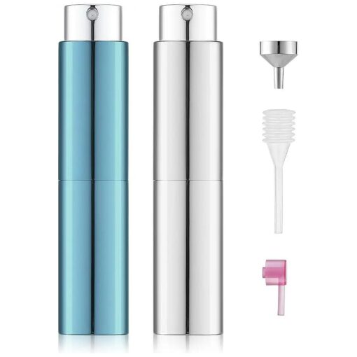 LISAPACK 8ML Atomizer Perfume Spray Bottle for Travel ( 2 Pack ), Empty Cologne Dispenser, Portable Sprayer ( Glossy Blue & Silver )