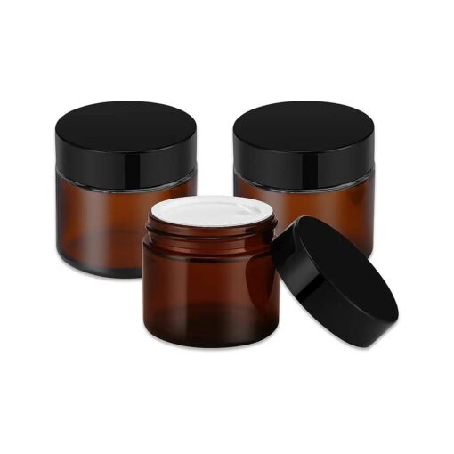 2 oz Amber Glass Jars with Lids, Bumobum 3 pack Small Jars with White Labels & Inner Liners, 60 ml Empty Round Cosmetic Containers for Sample, Powder, Cream, Lotion, Spice