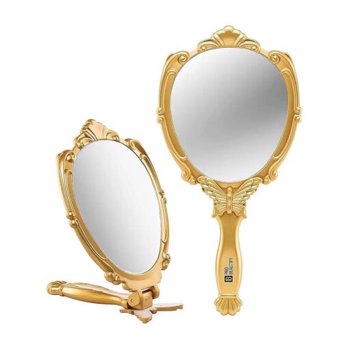 Decorative Hand Held Mirror | Beautifully Butterfly Design Hand Mirrors with Handle | Lightweight Mirror | 180 Degrees Full Folding Portable Mirror | Travel Makeup Mirror ( Gold )