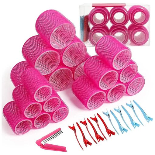 Jumbo Size Self Grip Hair Rollers Set, Salon Hair Set, with Hair Dressing Curlers ( Jumbo, Large, Medium ), Folding Pocket Comb, Duckbill Clips