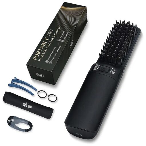 Hot Hair Straightener Brush, Portable Mini Hair Straightener USB Rechargeable 6400MAH,2 in 1 Hair Straightener Comb with Anti-Scald Feature for Women & Men ( Black )