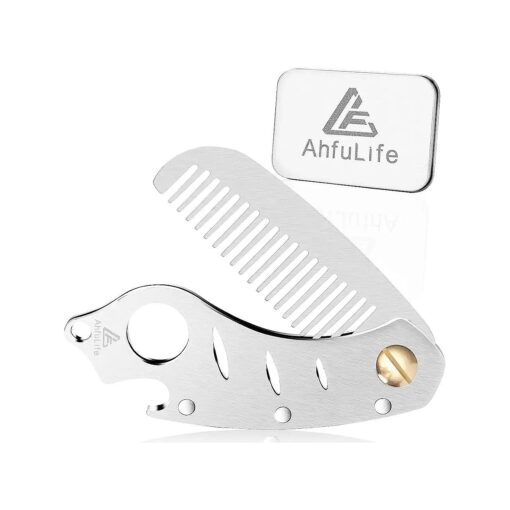 AhfuLife Stainless Steel Metal Hair & Beard Comb, Multifunctional Folding EDC Pocket Comb With Bottle Opener Fits In Keychain - Anti-Static Hair & Beard Care Comb Mustache Comb - Presented in Gift Box