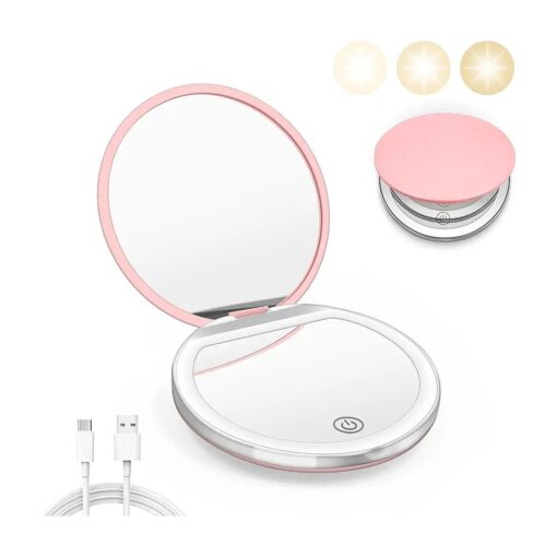 Compact Mirror with Light, 1X/3X Magnification LED Pocket Mirror with USB Data Cable, Pink Mini Mirror for Purse, Pocket, Travel and Gift