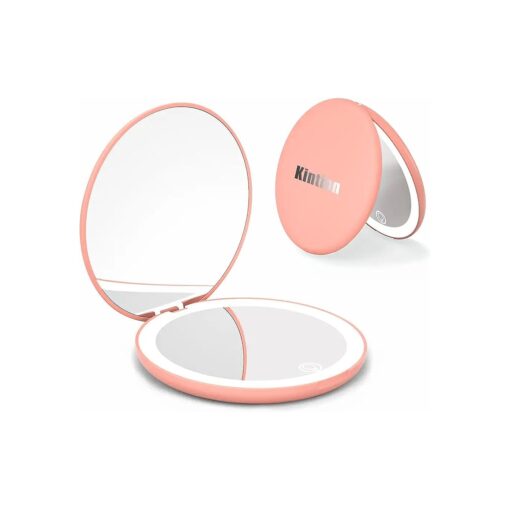 Kintion Travel Mirror with Light, 1X/10X Magnification Compact Mirror, 4" Rechargeable LED Purse Mirror, Dimmable 3 Color Temperature, Portable Lighted Pocket Mirror, Pink