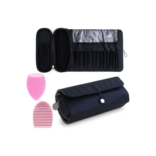 Portable Makeup Brush Organizer Makeup Brush Bag for Travel Can Hold 20+ Brushes Cosmetic Bag Makeup Brush Roll Up Case Pounch Holder for Woman With Bonus Brush Cleaning Mat and Makeup Sponge